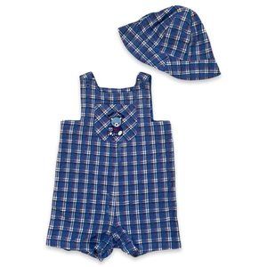 Vintage Plaid Overalls w/ Matching Hat and Teddy Bear Embroidery